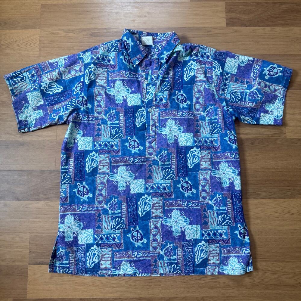 Vintage Go Barefoot Trader Joes Uniform Purple Hawaiian Floral Polo Shirt Sz L